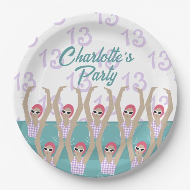 Modern Artistic Swimmers 13th Birthday Party Paper Plates (Front)