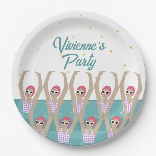 Modern Artistic Swimmers Swimming Birthday Party Paper Plates (Front)