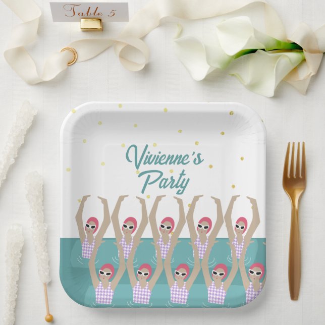 Modern Artistic Swimmers Swimming Birthday Party Paper Plates (Wedding)