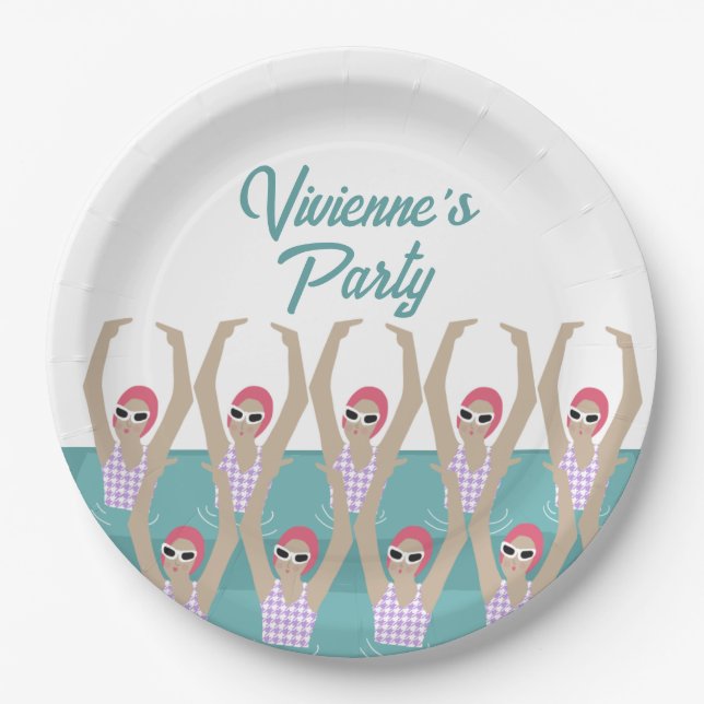 Modern Artistic Swimmers Swimming Birthday Party Paper Plates (Front)