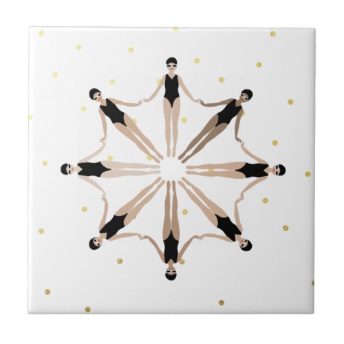 Modern Artistic Synchronized Swimmers Gold Dots   Ceramic Tile