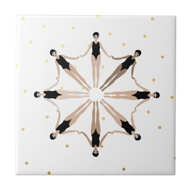 Modern Artistic Synchronized Swimmers Gold Dots   Ceramic Tile (Front)