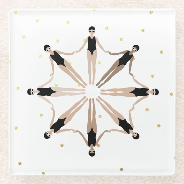 Modern Artistic Synchronized Swimmers Gold Dots Glass Coaster (Front)