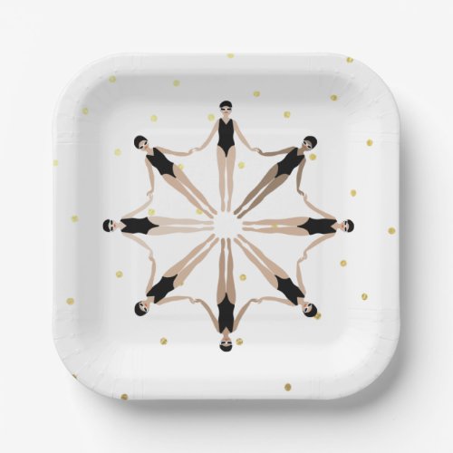 Modern Artistic Synchronized Swimmers Gold Dots Paper Plates