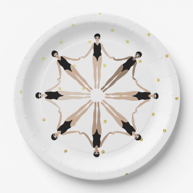 Modern Artistic Synchronized Swimmers Gold Dots    Paper Plates (Front)