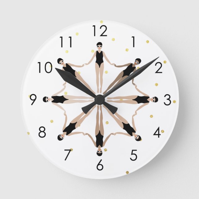 Modern Artistic Synchronized Swimmers Gold Dots  Round Clock (Front)