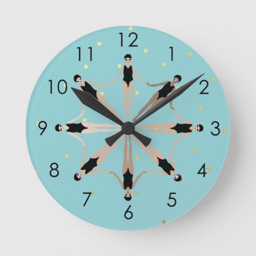 Modern Artistic Synchronized Swimmers Gold Dots   Round Clock