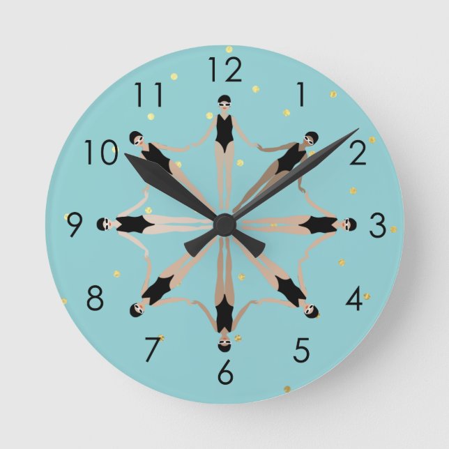 Modern Artistic Synchronized Swimmers Gold Dots   Round Clock (Front)