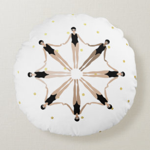 Modern Artistic Synchronized Swimmers Gold Dots Round Pillow