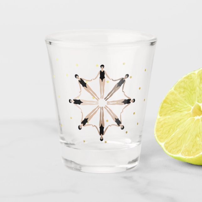 Modern Artistic Synchronized Swimmers Gold Dots Shot Glass (Front)