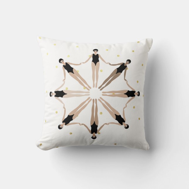 Modern Artistic Synchronized Swimmers Gold Dots Throw Pillow (Front)