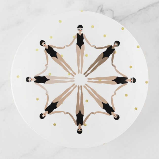 Modern Artistic Synchronized Swimmers Gold Dots  Trinket Tray (Front)