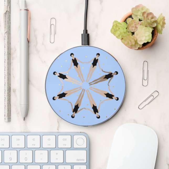 Modern Artistic Synchronized Swimmers Gold Dots    Wireless Charger (Desk)