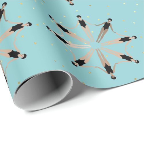 Modern Artistic Synchronized Swimmers Gold Dots  Wrapping Paper