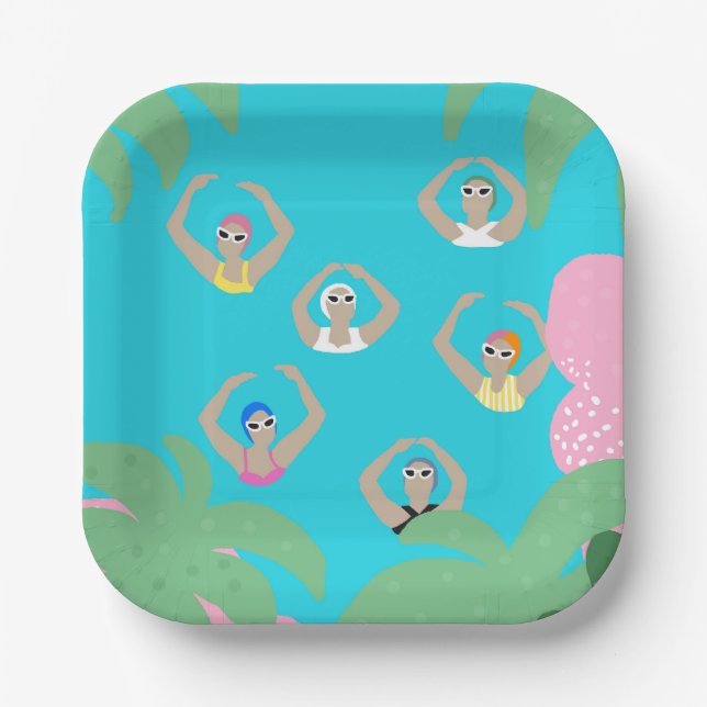 Modern Artistic Synchronized Swimmers Pool Paper Plates (Front)