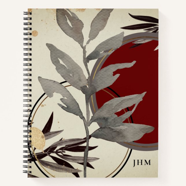 Modern Artistic Watercolor Leaves Monogrammed Notebook (Front)