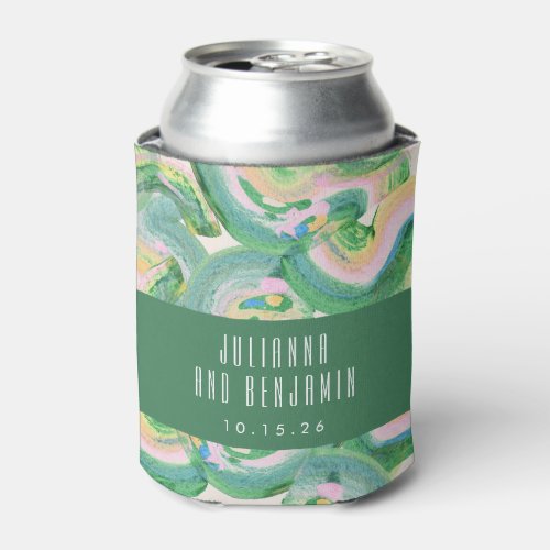 Modern Artsy Abstract Green Watercolor Wedding  Can Cooler