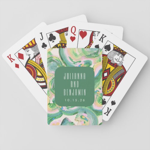 Modern Artsy Abstract Green Watercolor Wedding Poker Cards