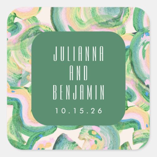 Modern Artsy Abstract Green Watercolor Wedding  Square Sticker