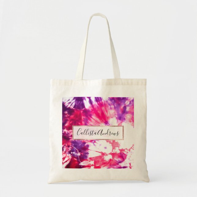 Modern Artsy Abstract Neon Pink Purple Tie Dye Tote Bag (Front)