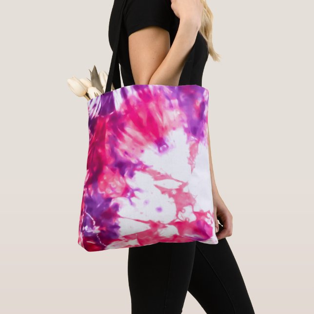Modern Artsy Abstract Neon Pink Purple Tie Dye Tote Bag (Close Up)