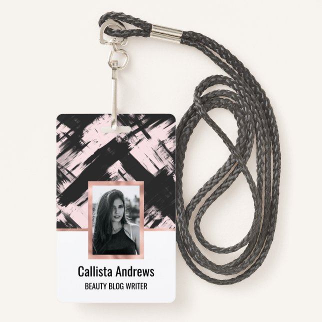 Modern Artsy Blush Pink Black Abstract Brushstroke Badge (Front with Lanyard)