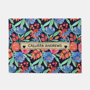 Modern Artsy Coral Blue Floral Watercolor Monogram Doormat