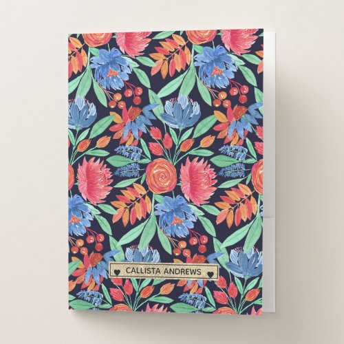 Modern Artsy Coral Blue Floral Watercolor Monogram Pocket Folder