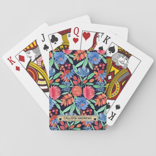 Modern Artsy Coral Blue Floral Watercolor Monogram Poker Cards