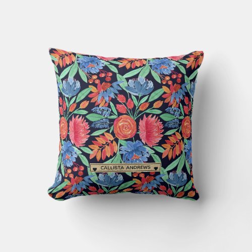 Modern Artsy Coral Blue Floral Watercolor Monogram Throw Pillow