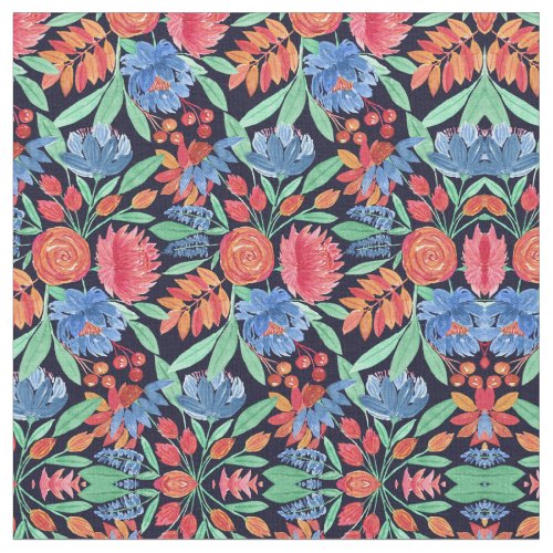Modern Artsy Coral Blue Floral Watercolor Pattern Fabric