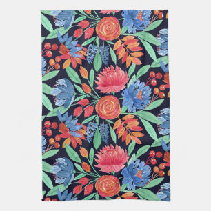 Modern Artsy Coral Blue Floral Watercolor Pattern Kitchen Towel