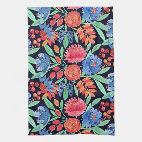 Modern Artsy Coral Blue Floral Watercolor Pattern Kitchen Towel
