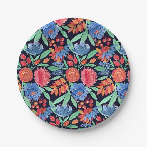 Modern Artsy Coral Blue Floral Watercolor Pattern Paper Plates
