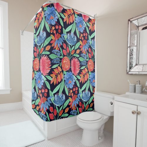 Modern Artsy Coral Blue Floral Watercolor Pattern Shower Curtain