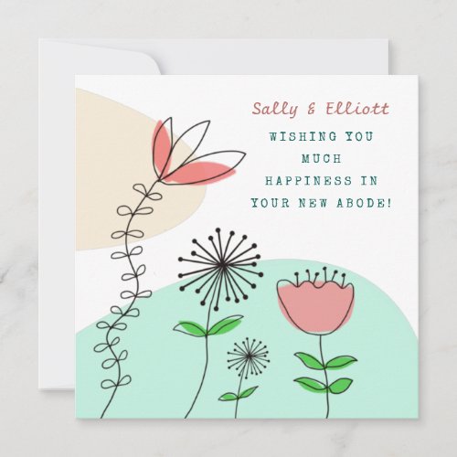 Modern Artsy Coral Florals Name Happiness New Home Card