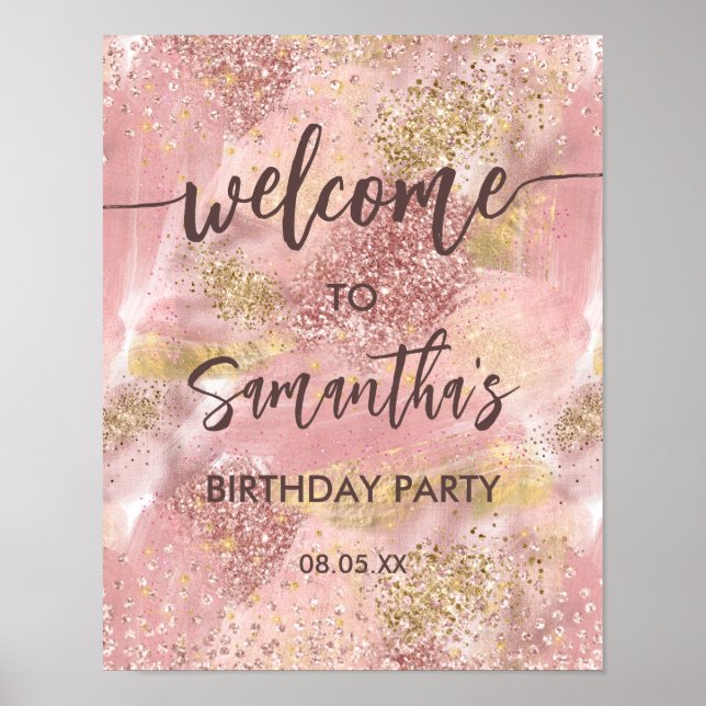 Modern Artsy Girly Pink Faux Gold Glitter Welcome Poster (Front)