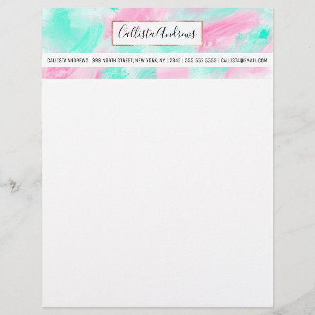 Modern Artsy Neon Pink Teal Abstract Paint Letterhead (Front)