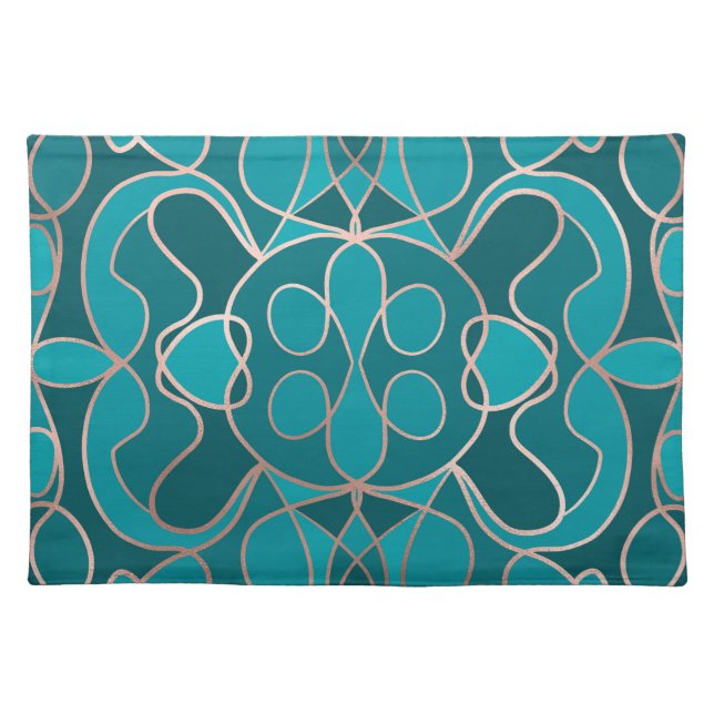 Modern Artsy Ocean Blue Rose Gold Geometric Cloth Placemat (Front)