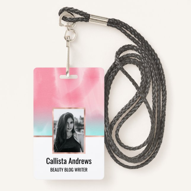 Modern Artsy Pink Aqua Watercolor Gradient Badge (Front with Lanyard)