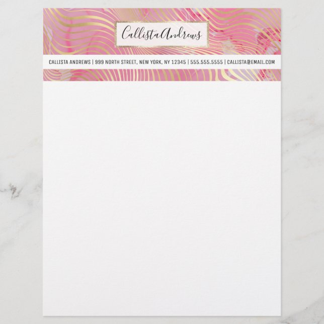 Modern Artsy Pink Gold Curved Stripes Marble Letterhead (Front)