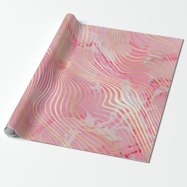 Modern Artsy Pink Gold Curved Stripes Marble Wrapping Paper (Unrolled)