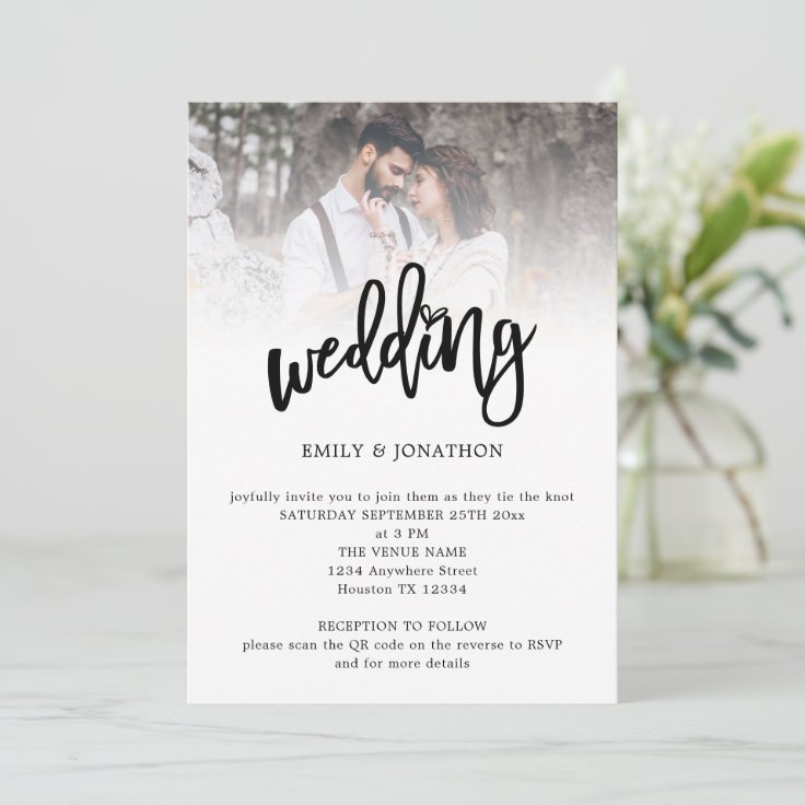 Modern Artsy Script Photo QR Code Wedding Invitation | Zazzle