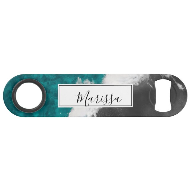 Modern Artsy Teal Blue Black Ocean Beach Waves Bar Key (Front (Horizontal))