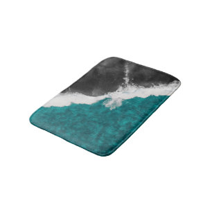 Modern Artsy Teal Blue Black Ocean Beach Waves Bath Mat