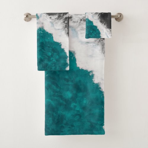 Modern Artsy Teal Blue Black Ocean Beach Waves Bath Towel Set