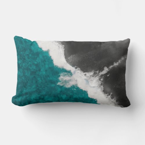 Modern Artsy Teal Blue Black Ocean Beach Waves Lumbar Pillow