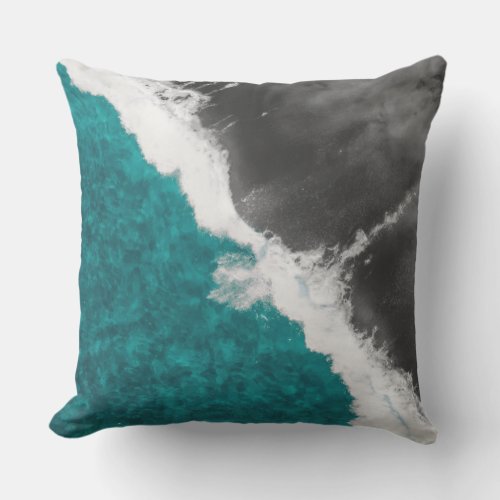 Modern Artsy Teal Blue Black Ocean Beach Waves Outdoor Pillow