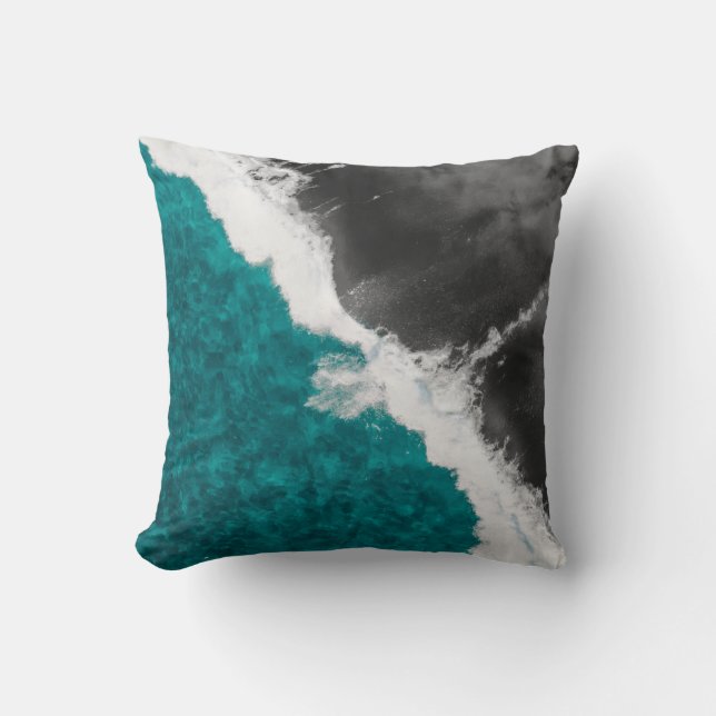 Modern Artsy Teal Blue Black Ocean Beach Waves Throw Pillow (Front)