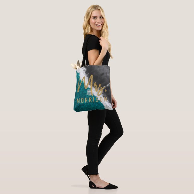 Modern Artsy Teal Blue Black Ocean Beach Waves Tote Bag (On Model)